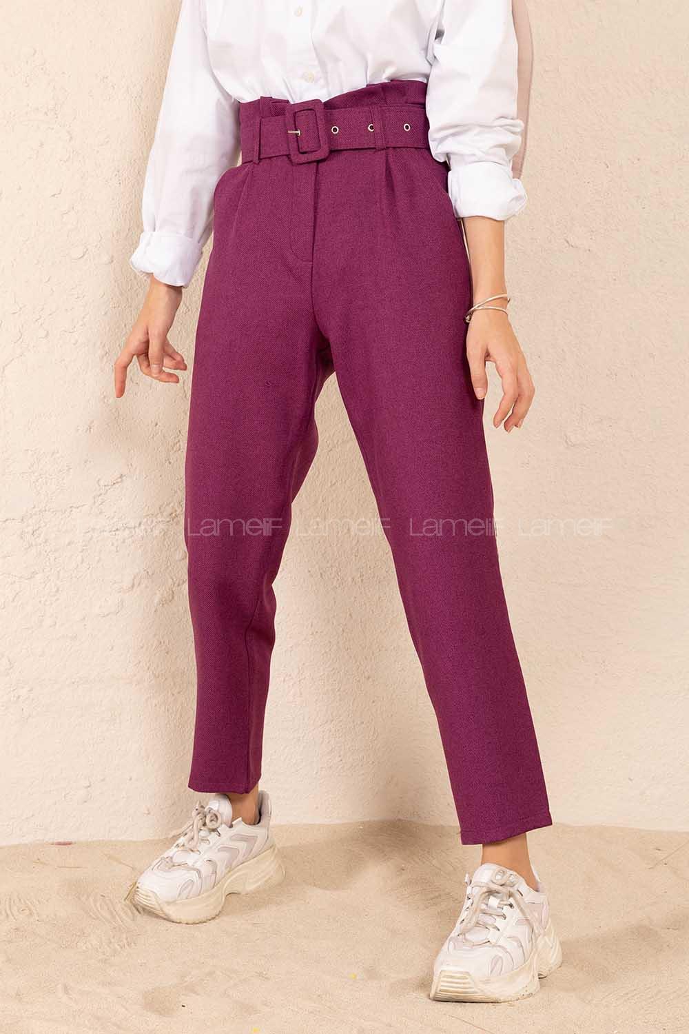 Modalamelif Çift Cep Toka Kemerli Pantolon Mor