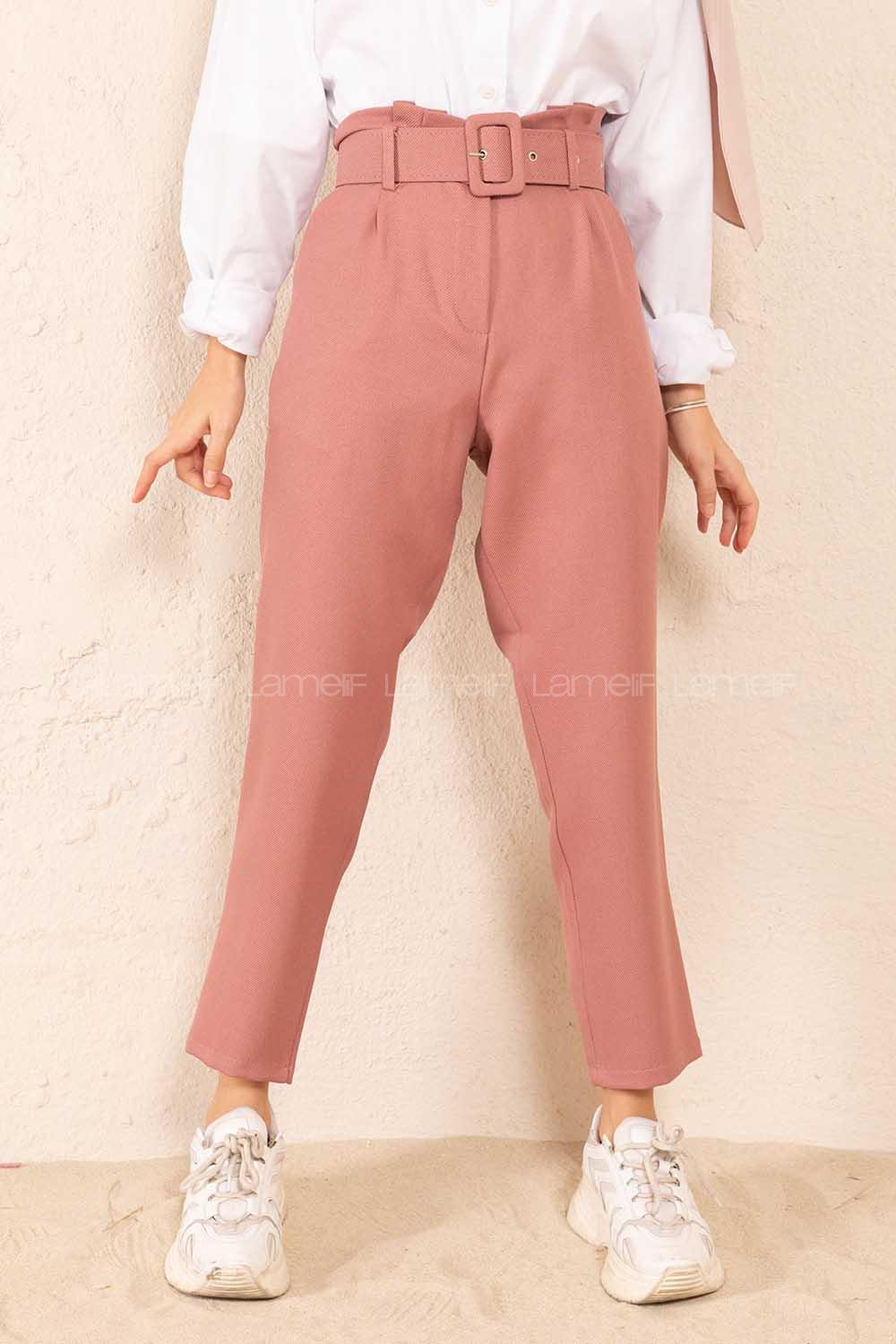Modalamelif Çift Cep Toka Kemerli Pantolon Pudra