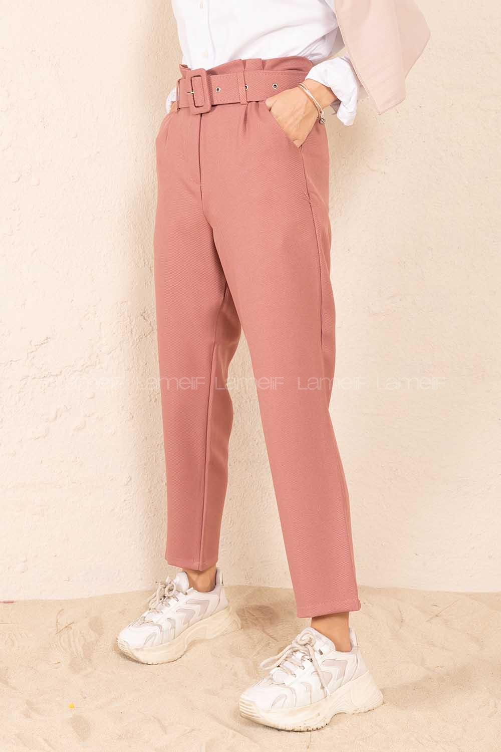 Modalamelif Çift Cep Toka Kemerli Pantolon Pudra