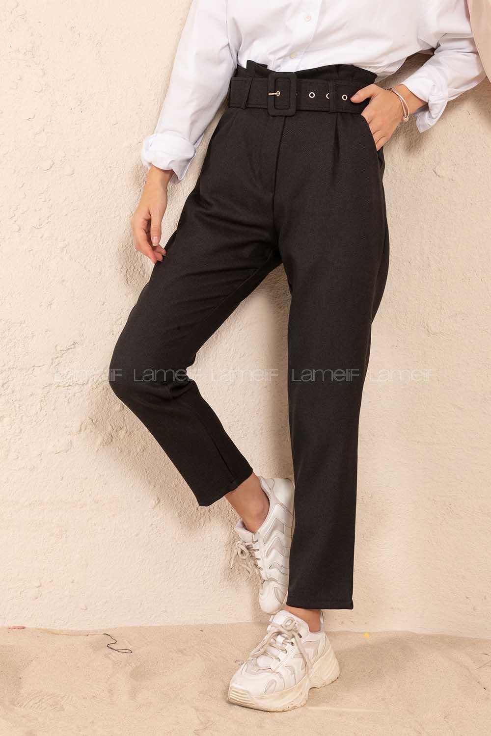 Modalamelif Çift Cep Toka Kemerli Pantolon Siyah