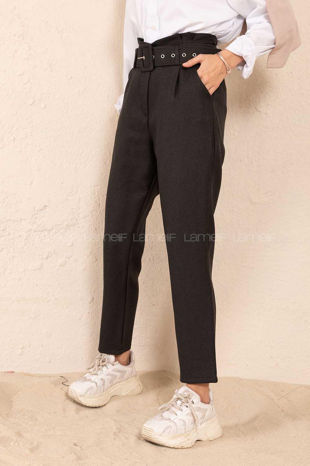Modalamelif Çift Cep Toka Kemerli Pantolon Siyah