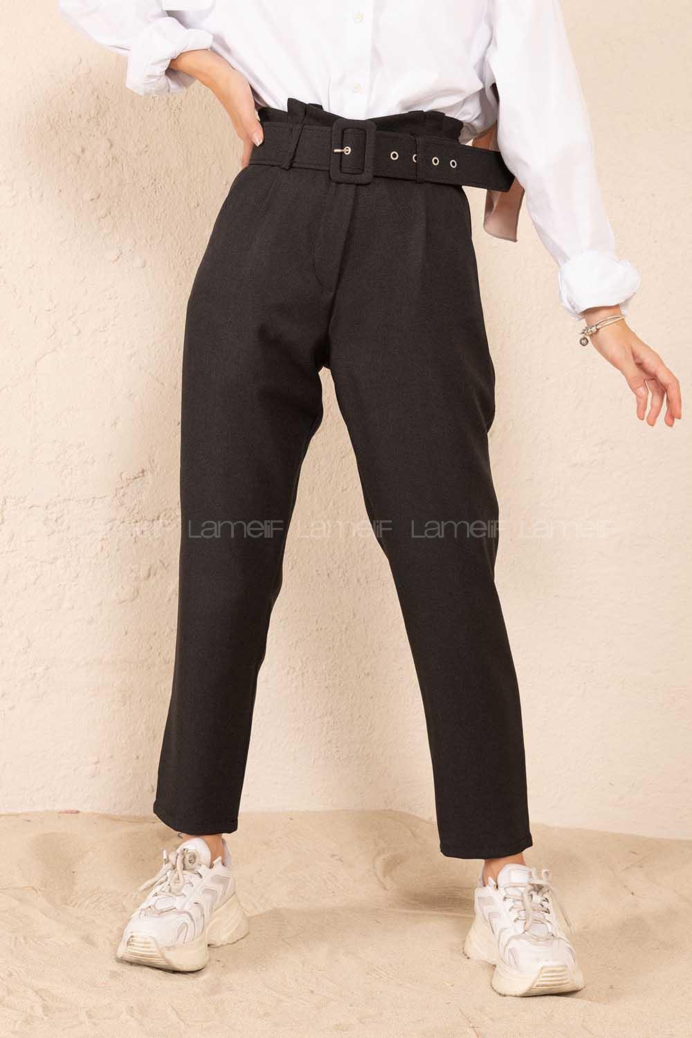 Modalamelif Çift Cep Toka Kemerli Pantolon Siyah