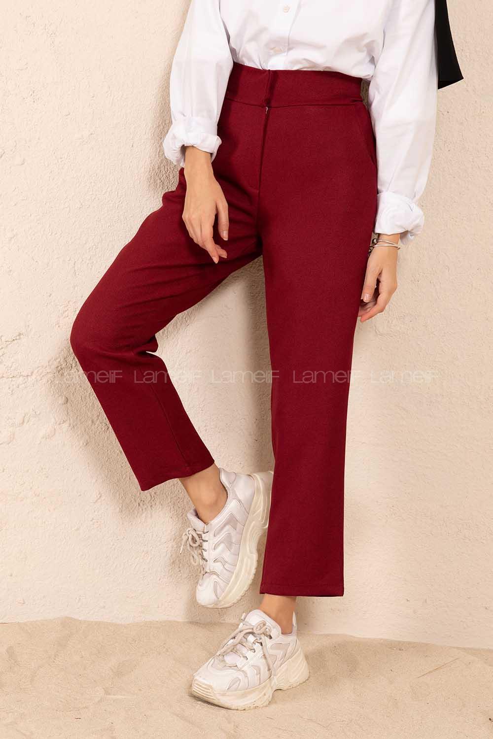 Modalamelif Çift Cep Yüksek Bel Pantolon Bordo