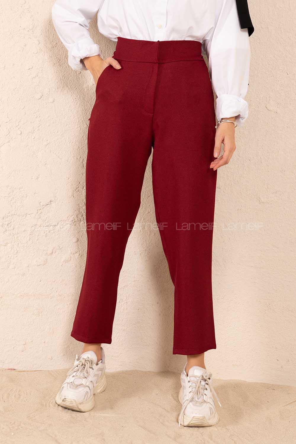 Modalamelif Çift Cep Yüksek Bel Pantolon Bordo