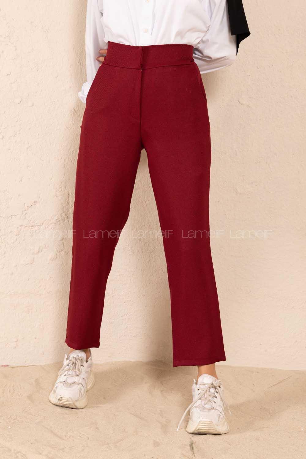 Modalamelif Çift Cep Yüksek Bel Pantolon Bordo