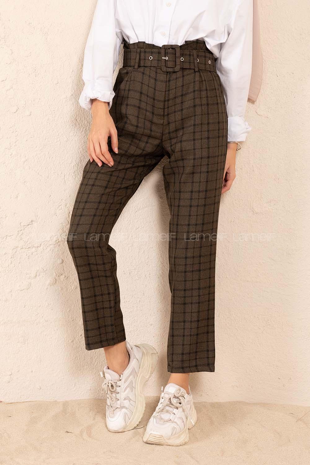 Modalamelif Kaplama Kemerli Ekose Pantolon Haki