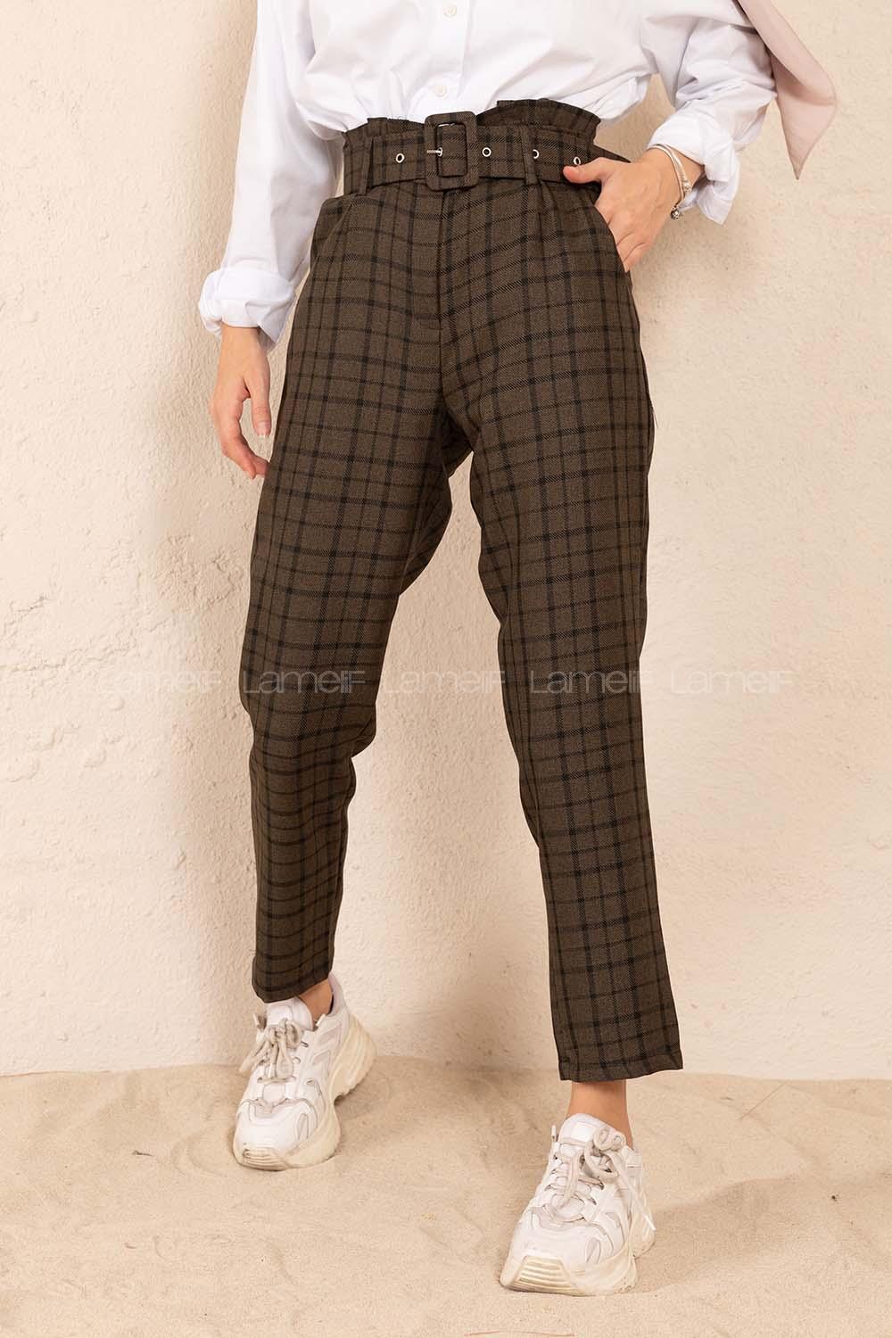 Modalamelif Kaplama Kemerli Ekose Pantolon Haki