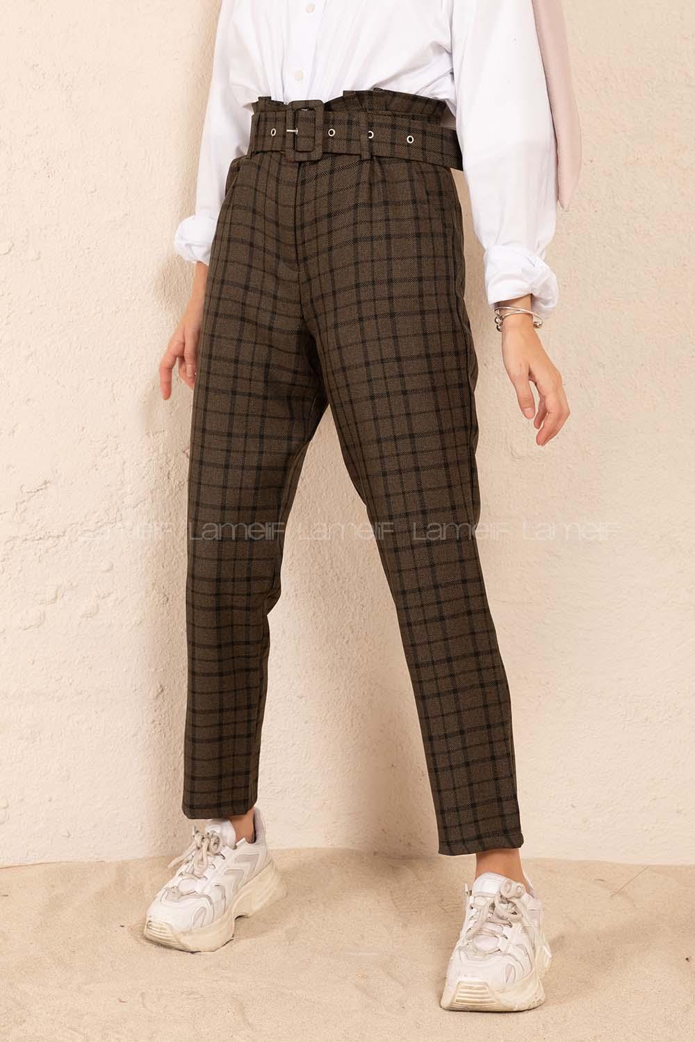 Modalamelif Kaplama Kemerli Ekose Pantolon Haki