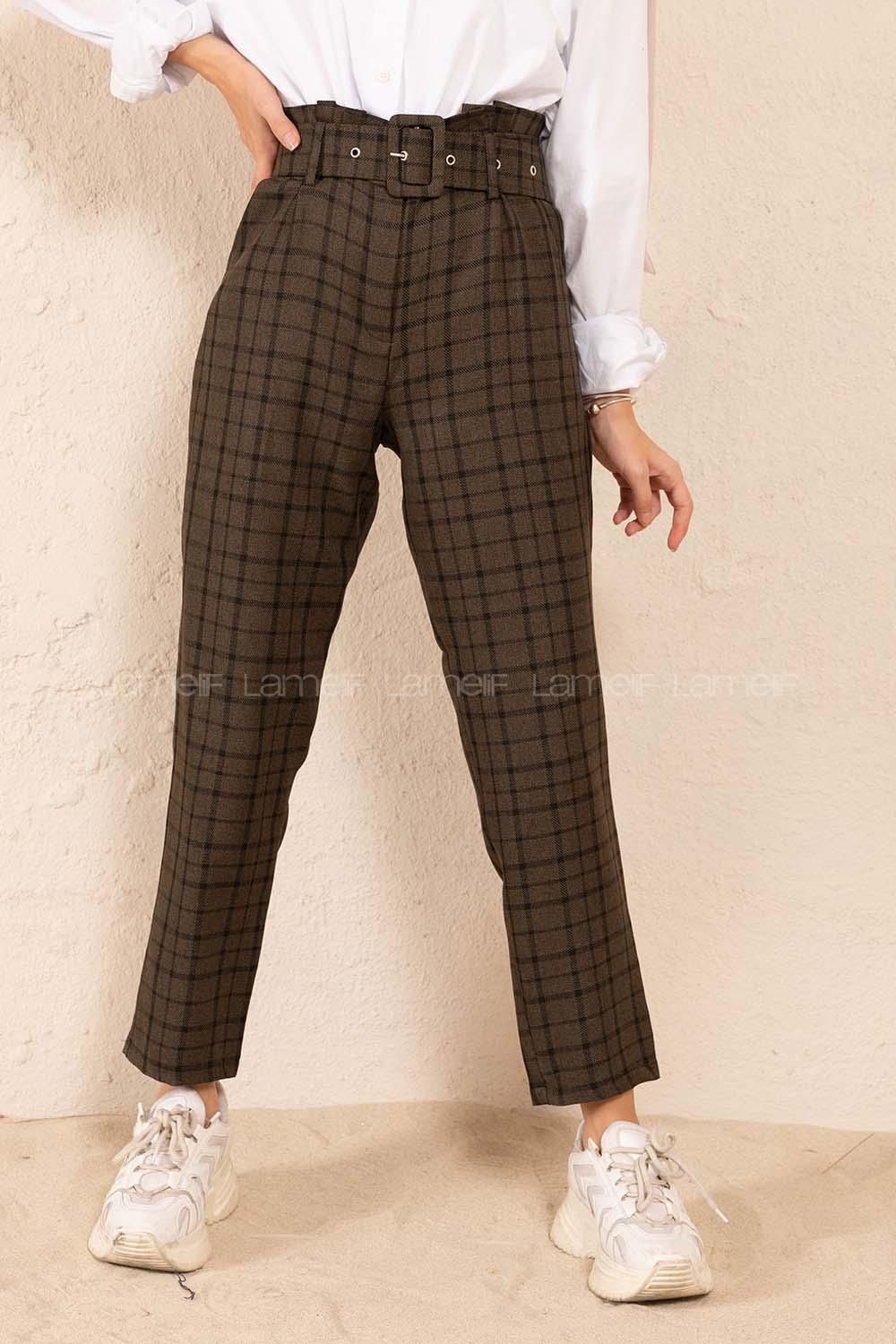 Modalamelif Kaplama Kemerli Ekose Pantolon Haki