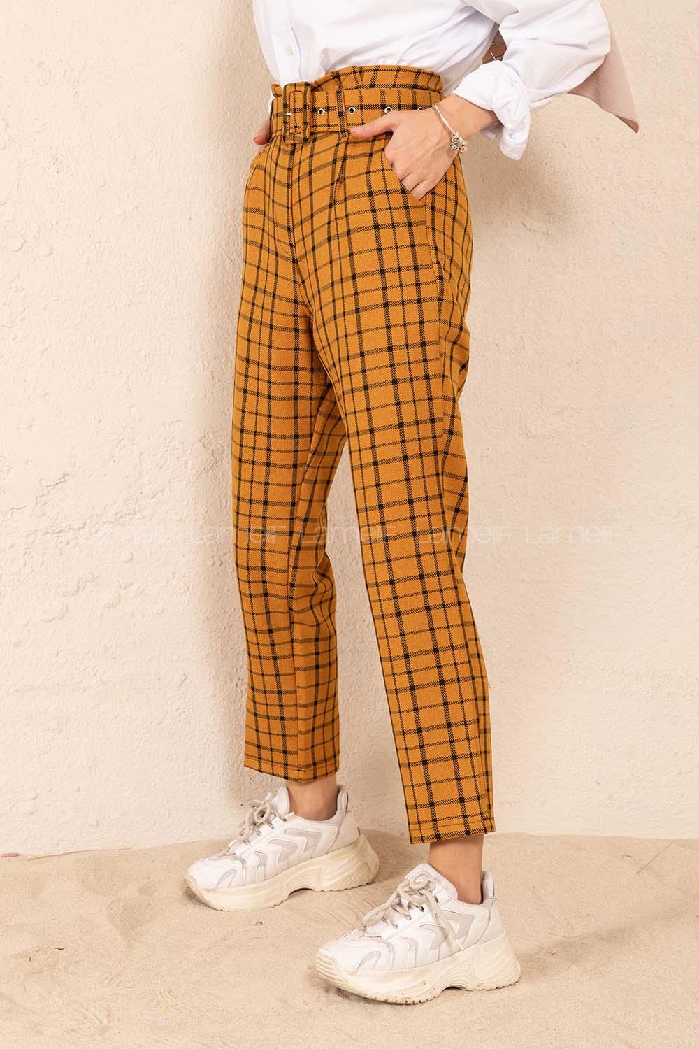 Modalamelif Kaplama Kemerli Ekose Pantolon Hardal Sarısı