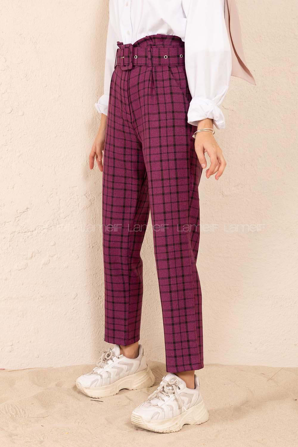 Modalamelif Kaplama Kemerli Ekose Pantolon Mor