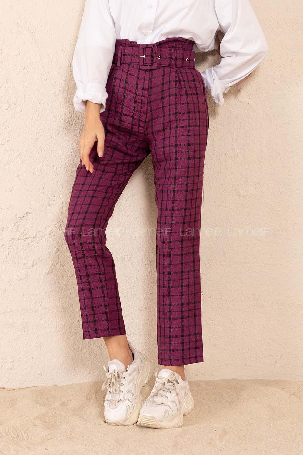 Modalamelif Kaplama Kemerli Ekose Pantolon Mor