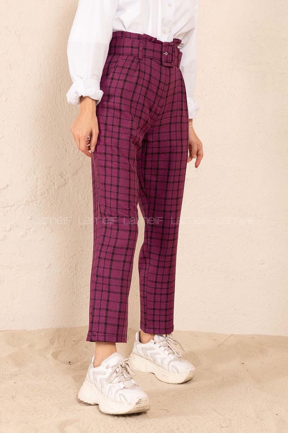 Modalamelif Kaplama Kemerli Ekose Pantolon Mor