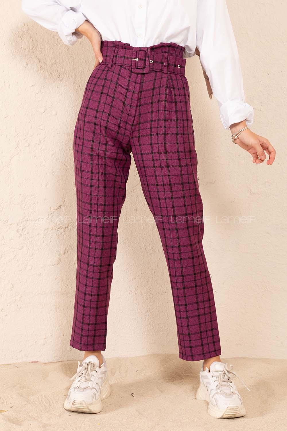 Modalamelif Kaplama Kemerli Ekose Pantolon Mor