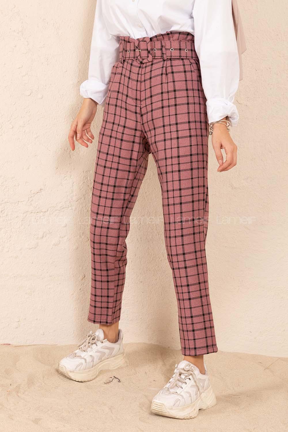 Modalamelif Kaplama Kemerli Ekose Pantolon Pudra