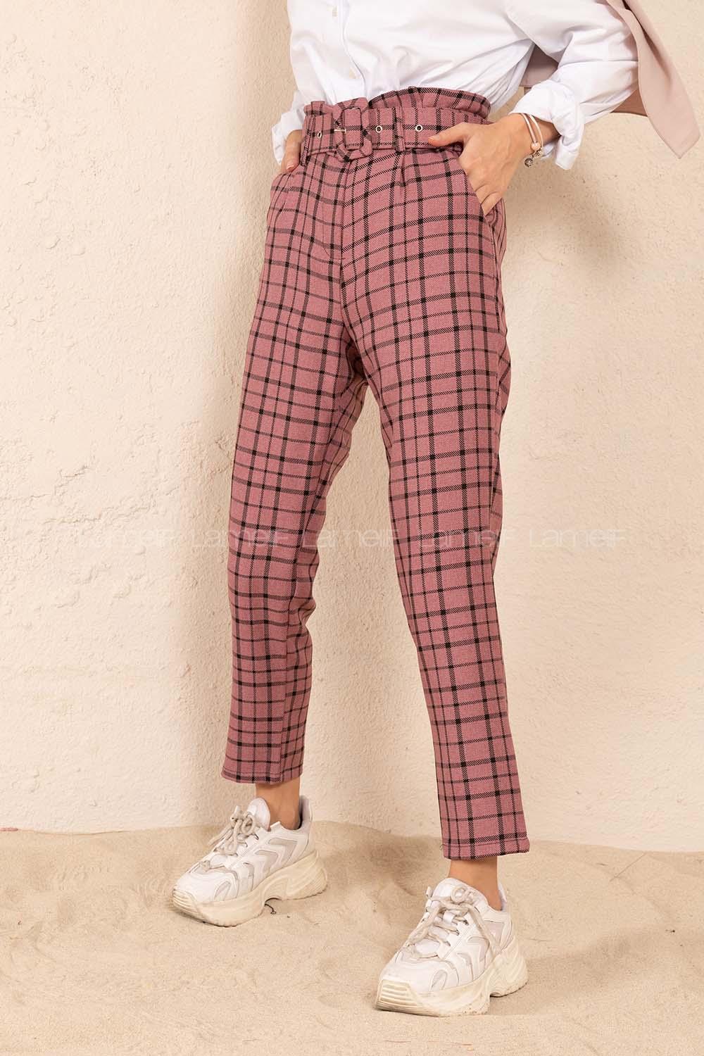 Modalamelif Kaplama Kemerli Ekose Pantolon Pudra