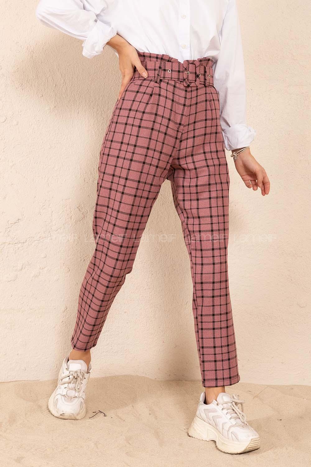 Modalamelif Kaplama Kemerli Ekose Pantolon Pudra