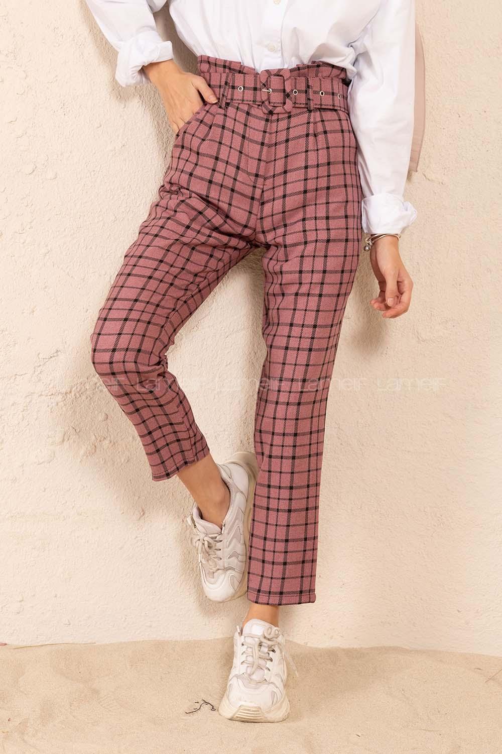 Modalamelif Kaplama Kemerli Ekose Pantolon Pudra