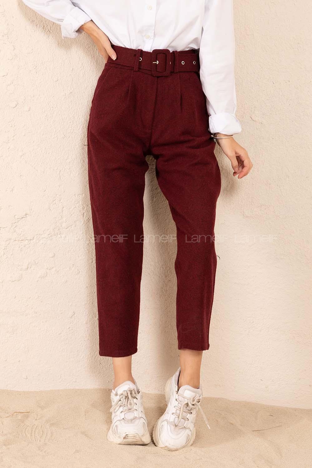 Modalamelif Kaplama Kemerli Kaşe Pantolon Bordo