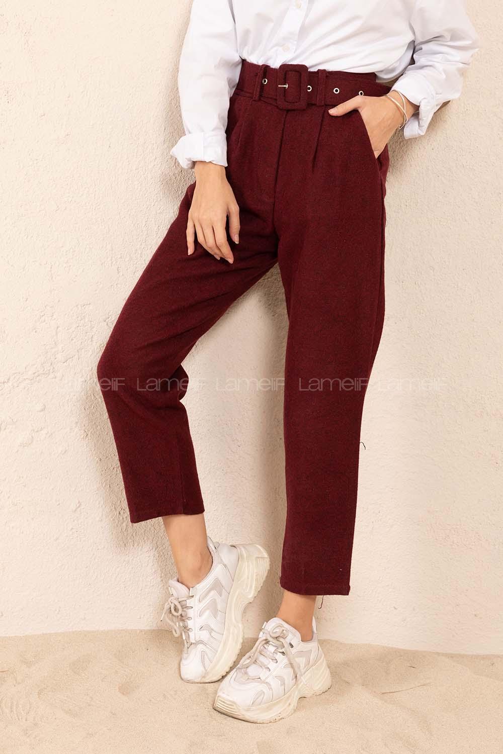 Modalamelif Kaplama Kemerli Kaşe Pantolon Bordo
