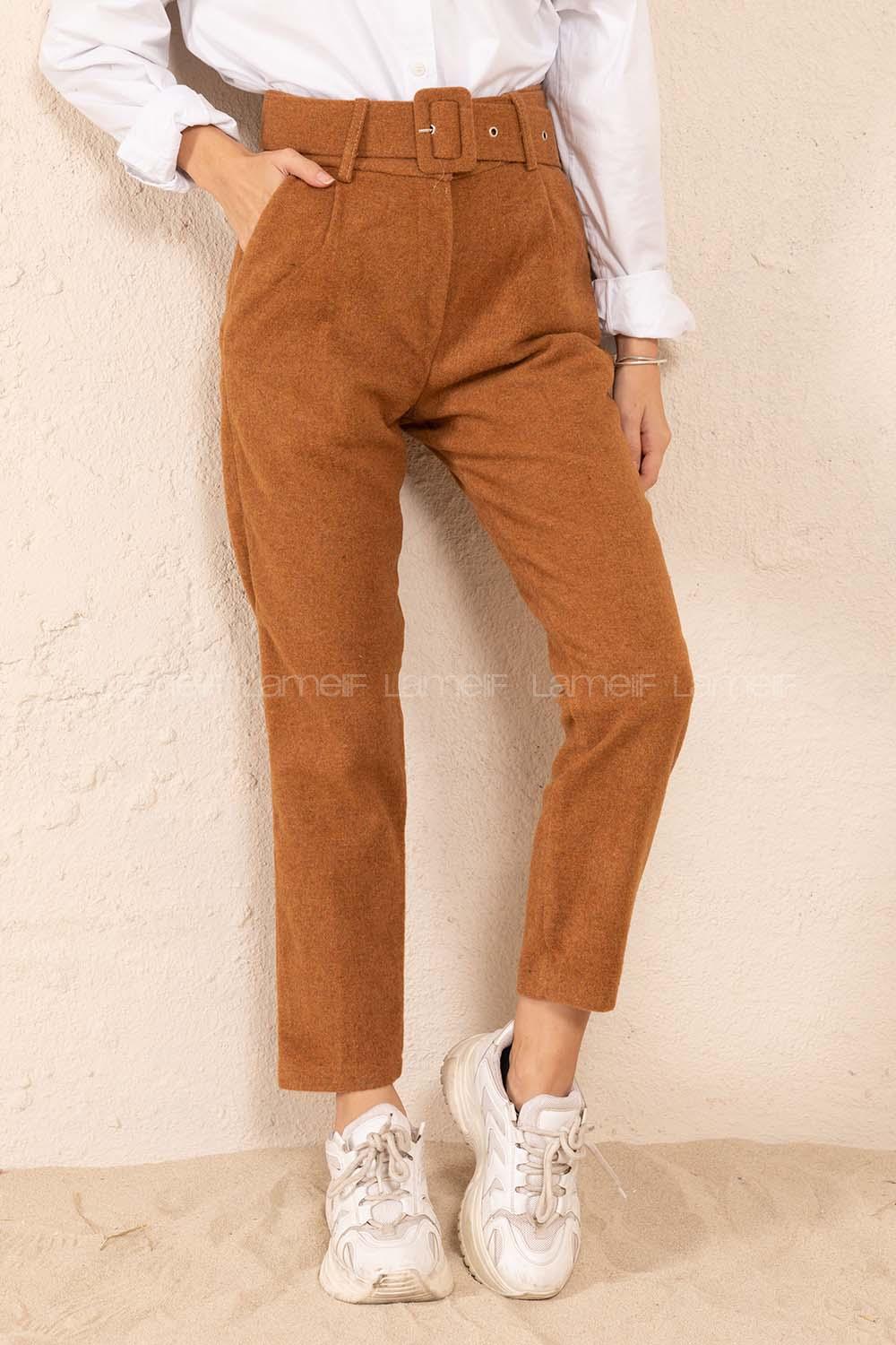 Modalamelif Kaplama Kemerli Kaşe Pantolon Camel