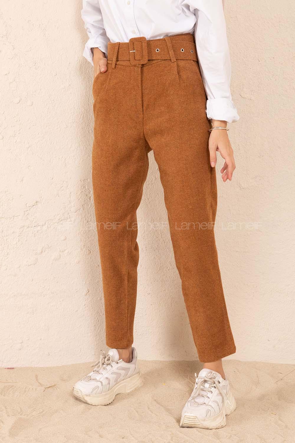 Modalamelif Kaplama Kemerli Kaşe Pantolon Camel