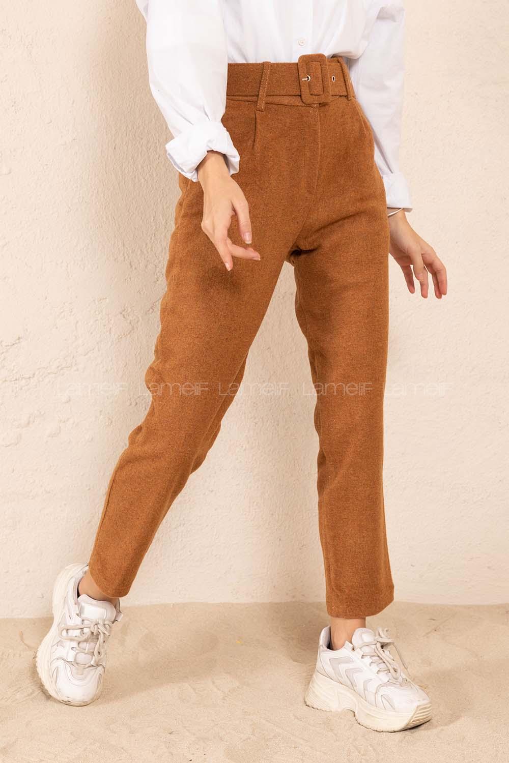 Modalamelif Kaplama Kemerli Kaşe Pantolon Camel