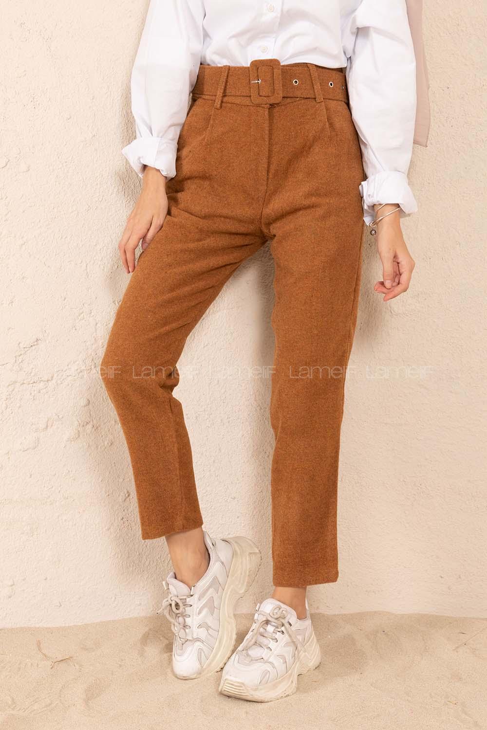 Modalamelif Kaplama Kemerli Kaşe Pantolon Camel