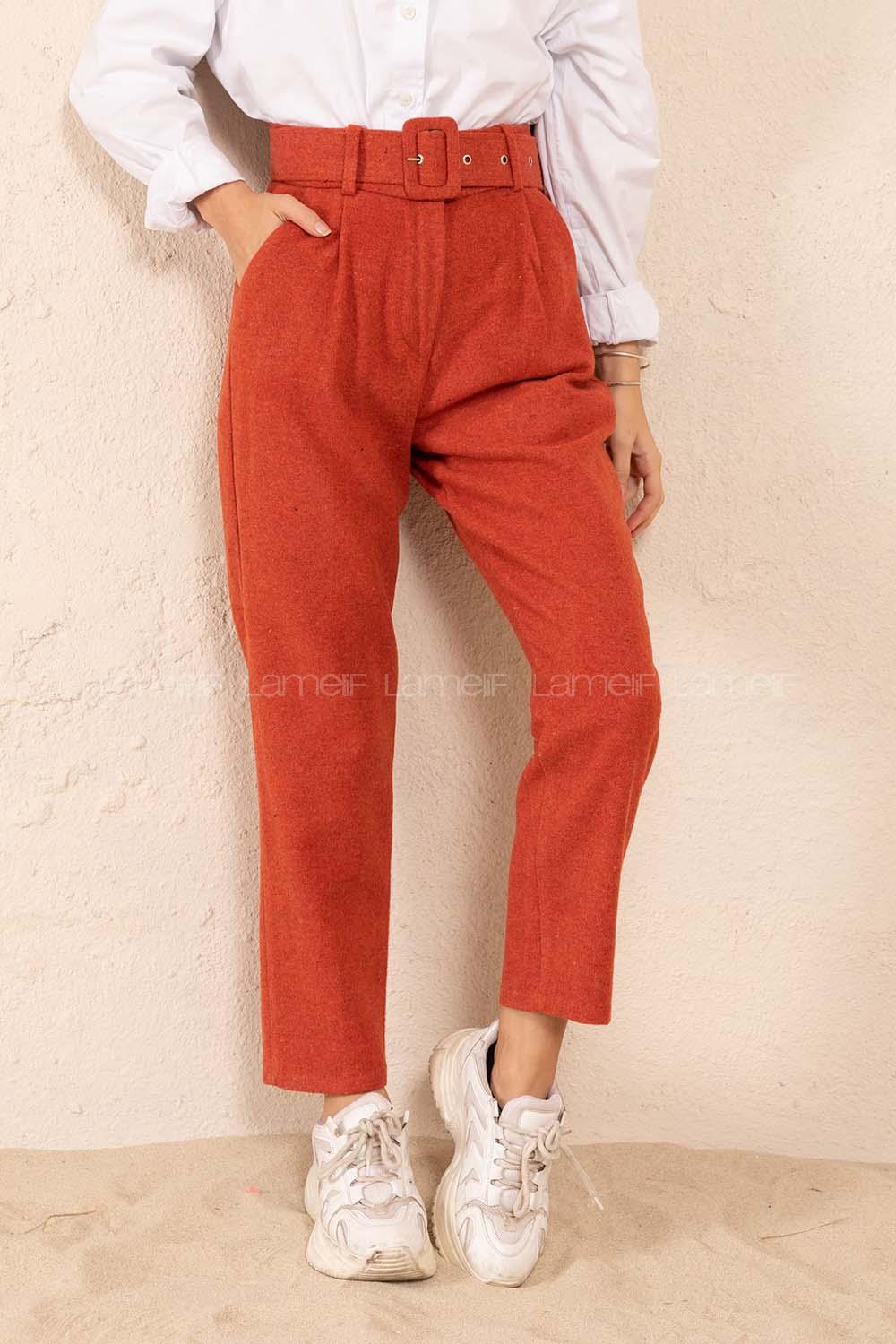 Modalamelif Kaplama Kemerli Kaşe Pantolon Kiremit