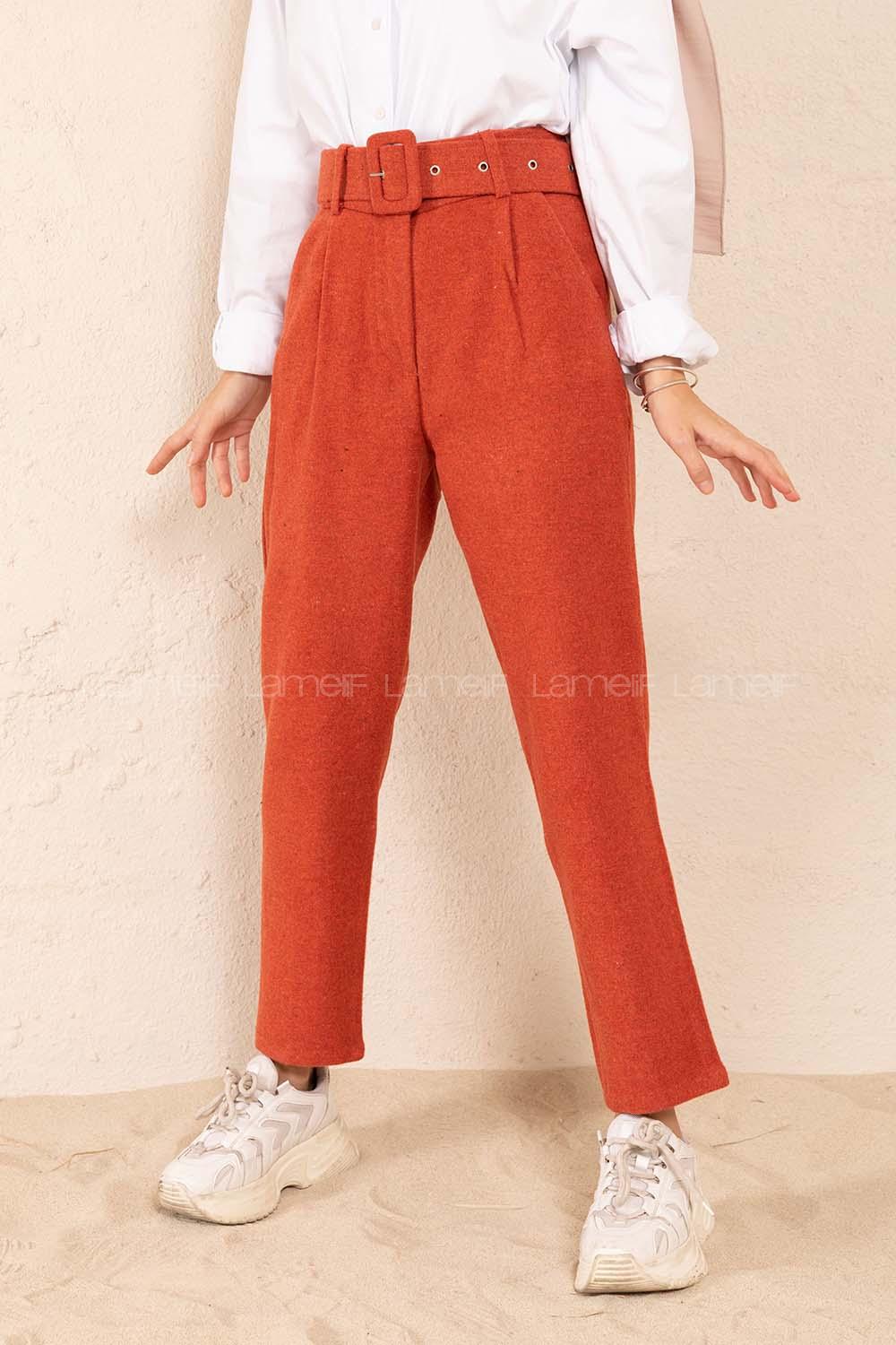 Modalamelif Kaplama Kemerli Kaşe Pantolon Kiremit