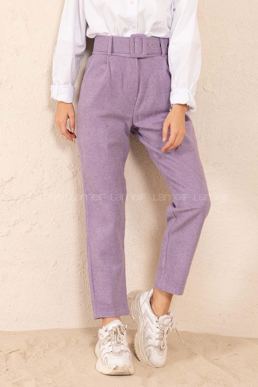 Modalamelif Kaplama Kemerli Kaşe Pantolon Lila