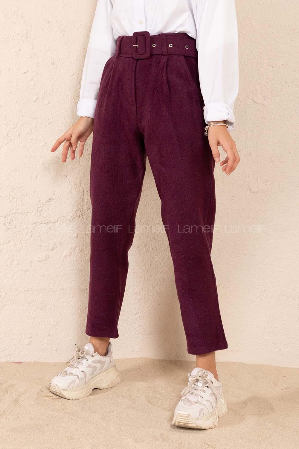 Modalamelif Kaplama Kemerli Kaşe Pantolon Mor