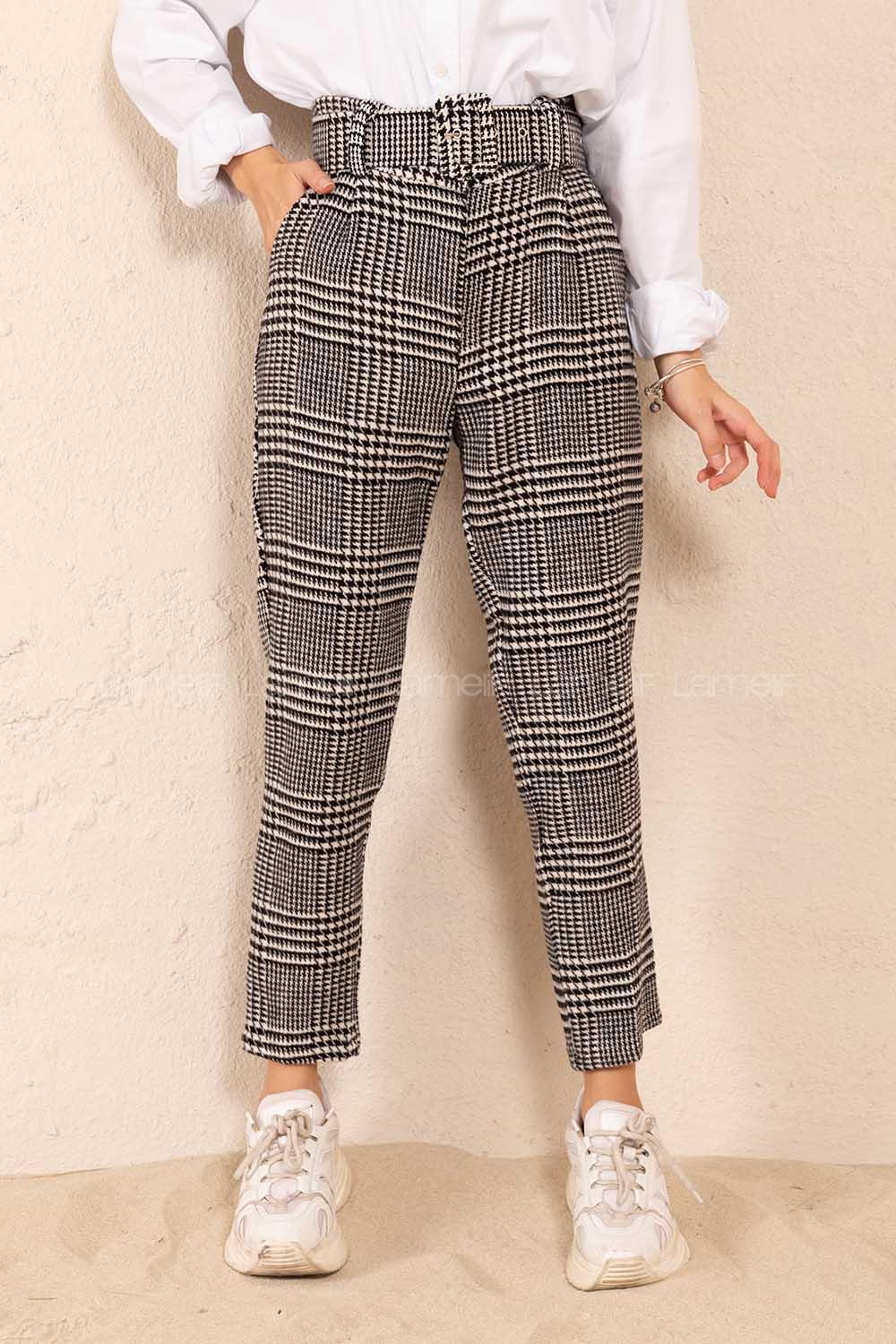 Modalamelif Kaplama Kemerli Kazayağı Yün Pantolon Siyah Ekru