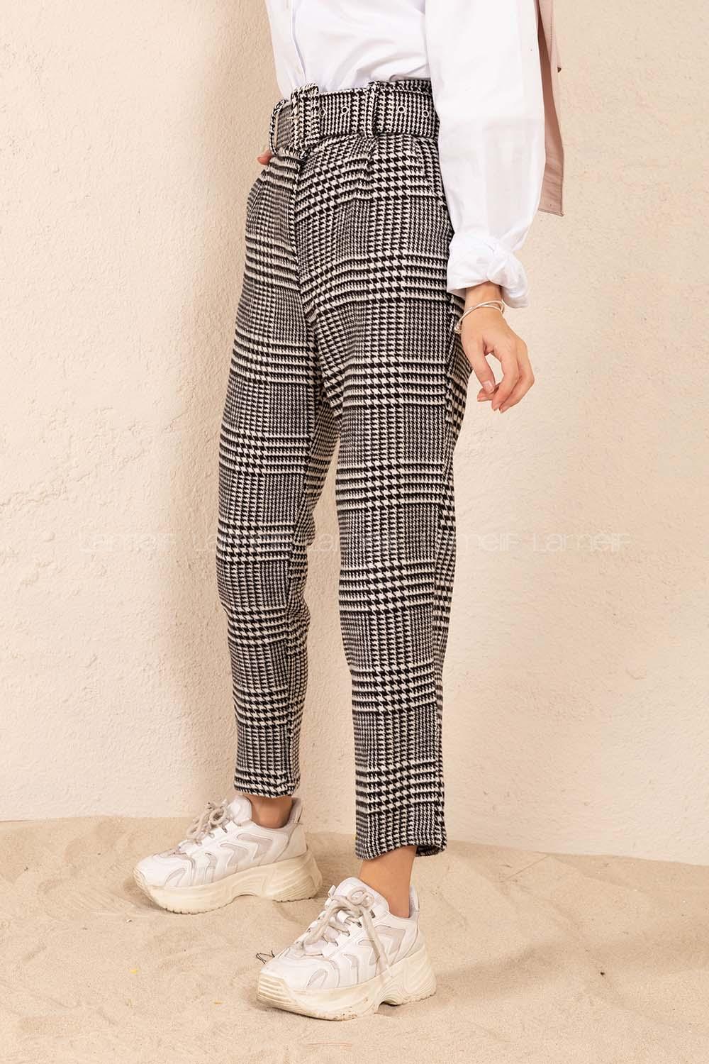 Modalamelif Kaplama Kemerli Kazayağı Yün Pantolon Siyah Ekru