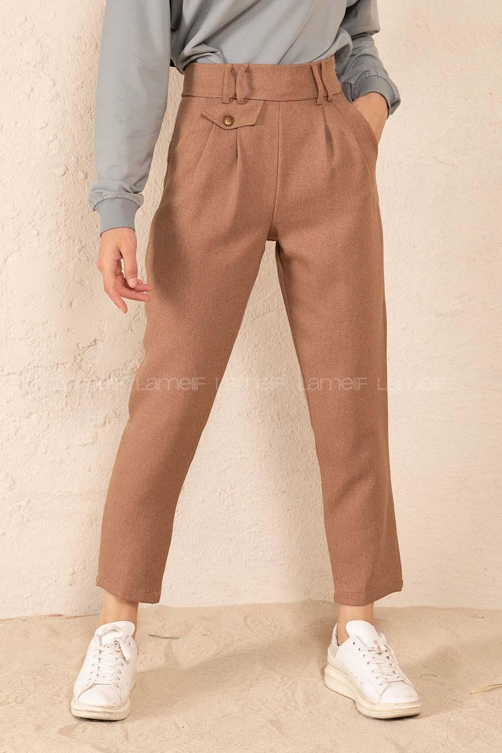 Modalamelif Önü Pileli Kapak Cepli Pantolon Hardal Sarısı