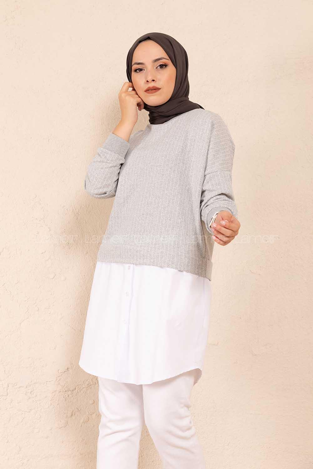 Modalamelif Etek Garnili Çizgili Tunik Gri