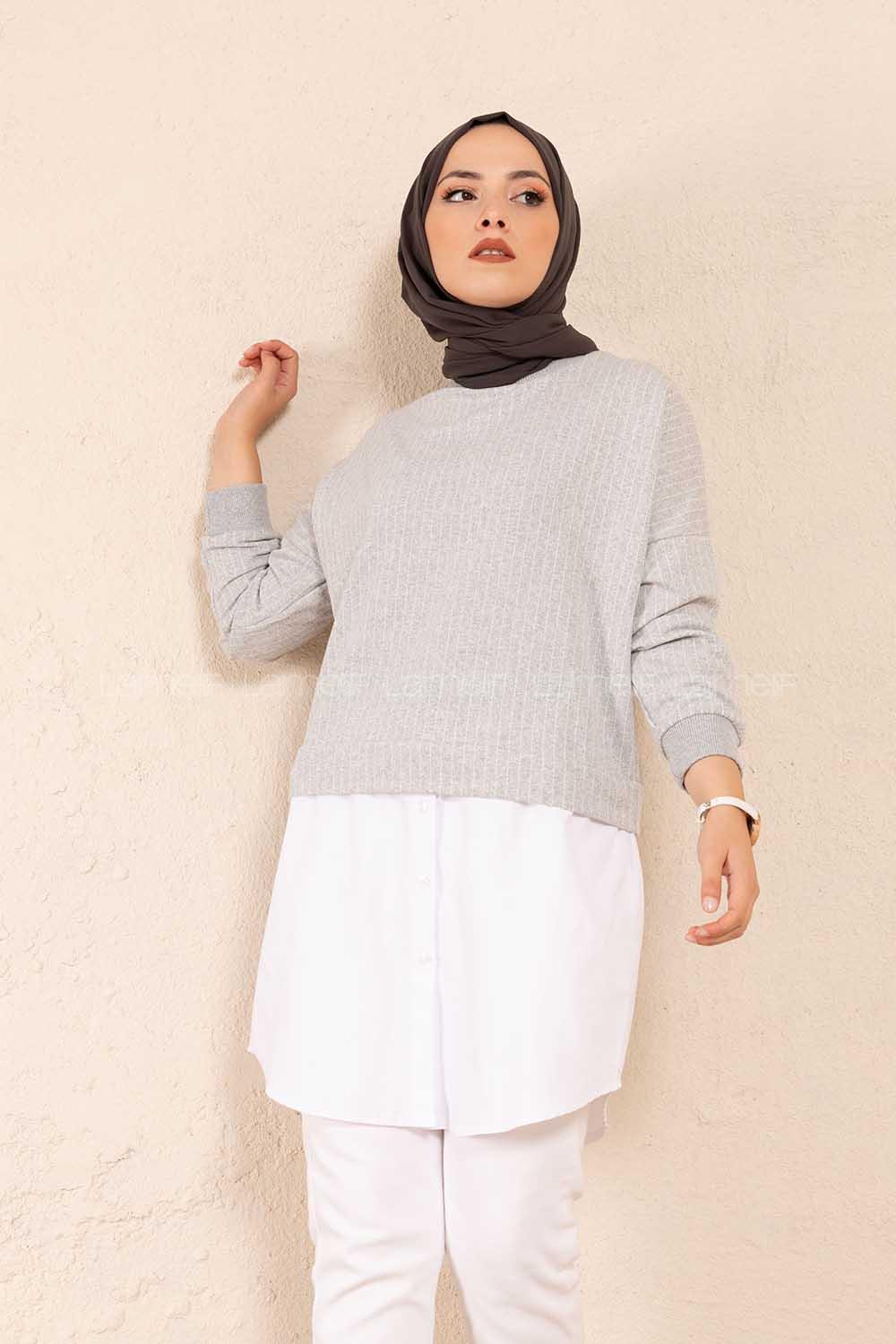 Modalamelif Etek Garnili Çizgili Tunik Gri