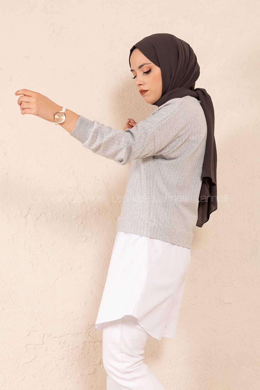 Modalamelif Etek Garnili Çizgili Tunik Gri