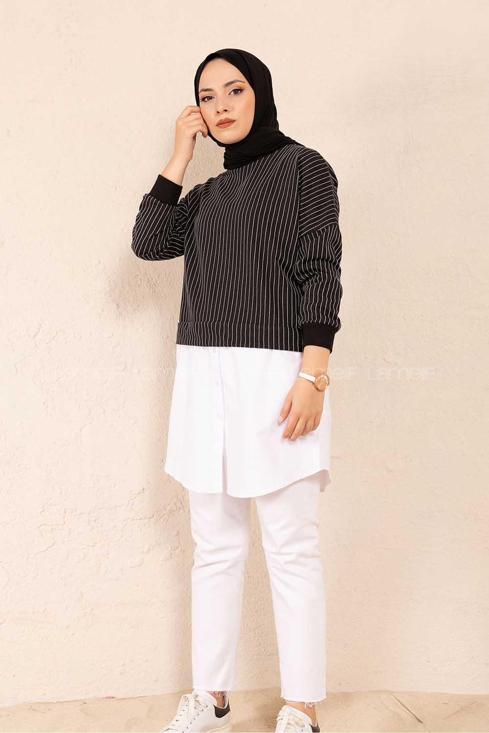 Modalamelif Etek Garnili Çizgili Tunik Siyah