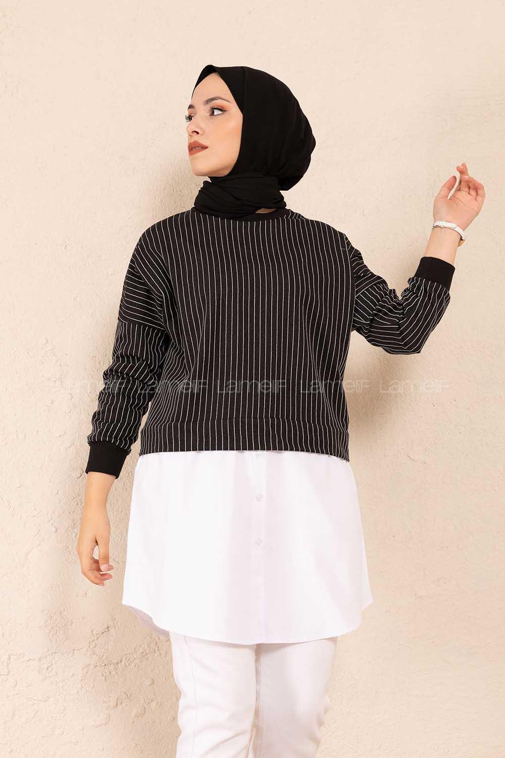 Modalamelif Etek Garnili Çizgili Tunik Siyah