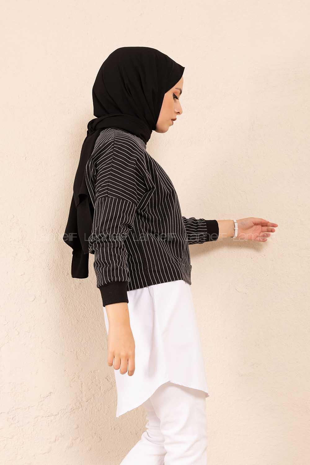 Modalamelif Etek Garnili Çizgili Tunik Siyah