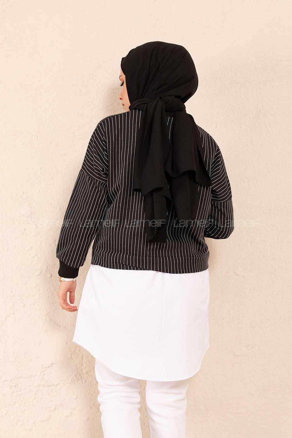 Modalamelif Etek Garnili Çizgili Tunik Siyah