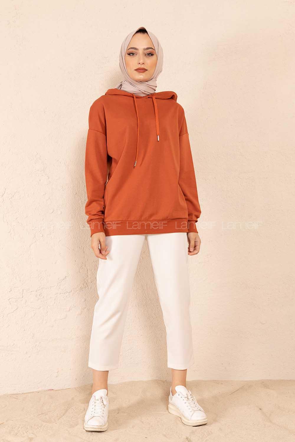 Modalamelif Fermuar Yırtmaç Detaylı Sweatshirt Kiremit