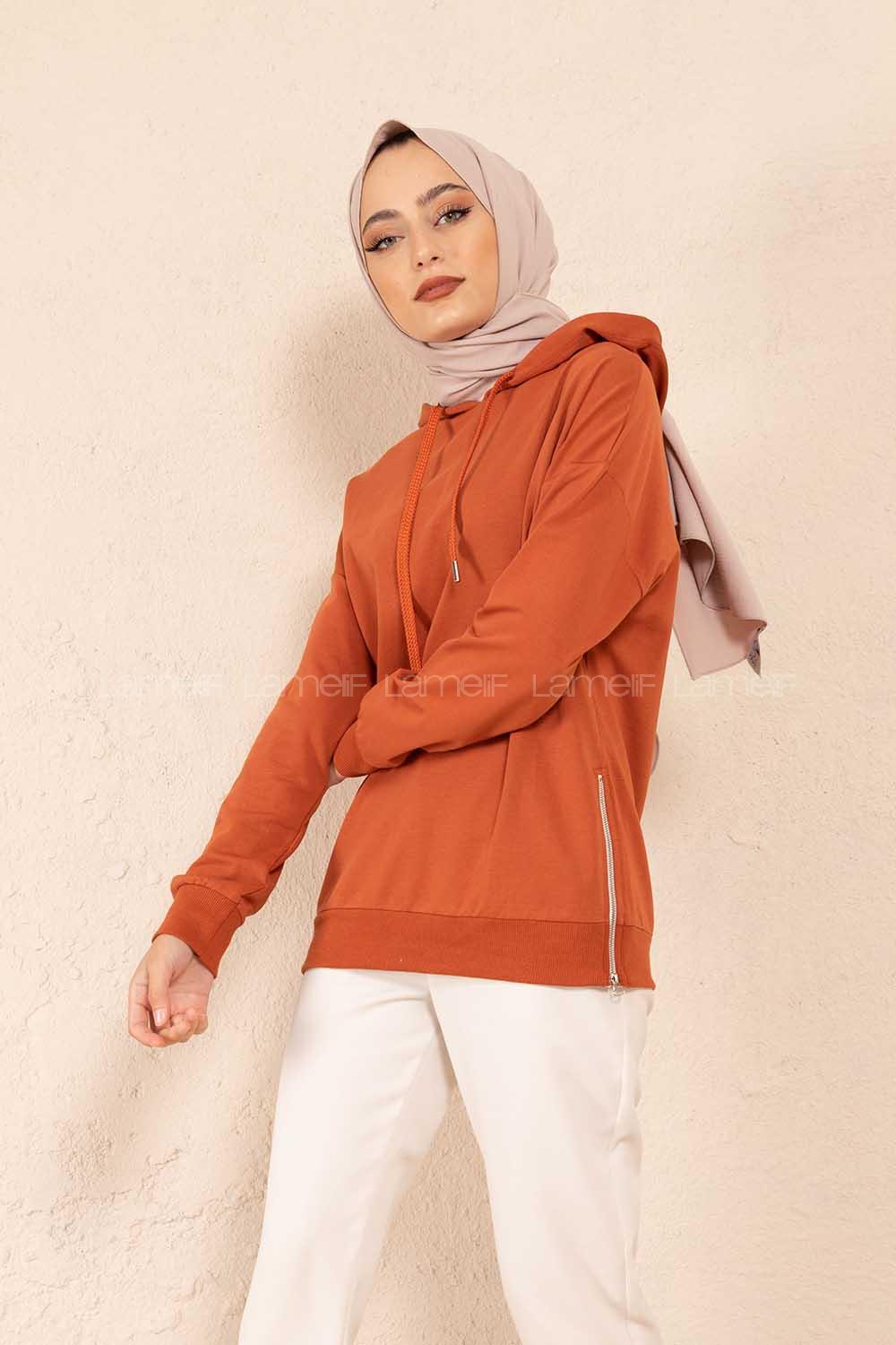 Modalamelif Fermuar Yırtmaç Detaylı Sweatshirt Kiremit