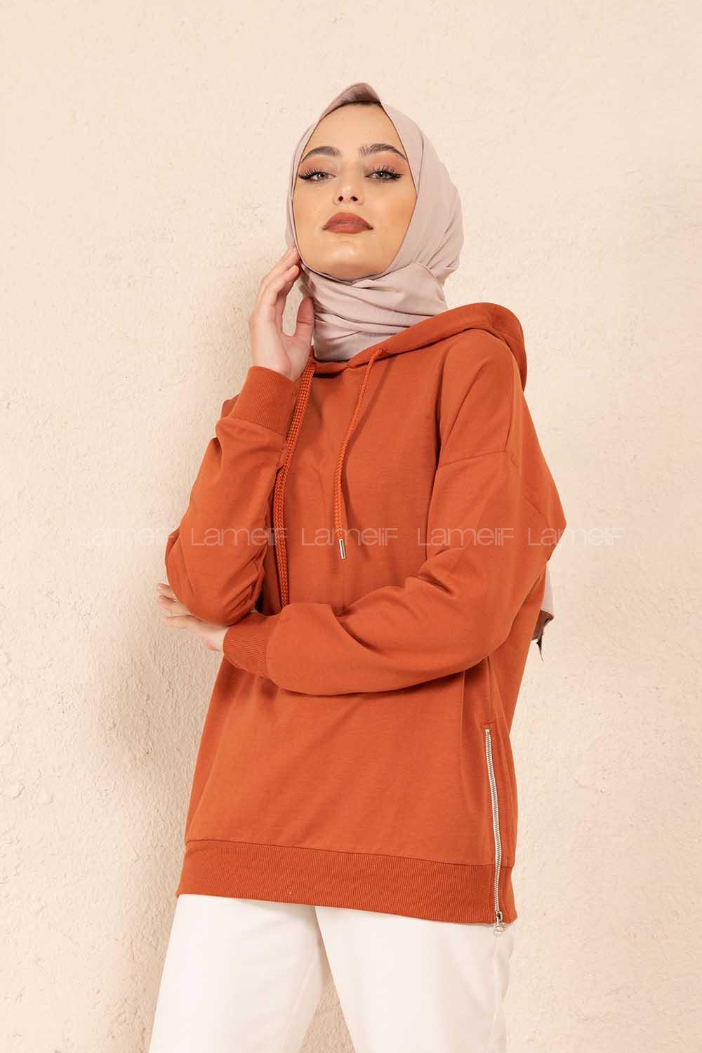 Modalamelif Fermuar Yırtmaç Detaylı Sweatshirt Kiremit