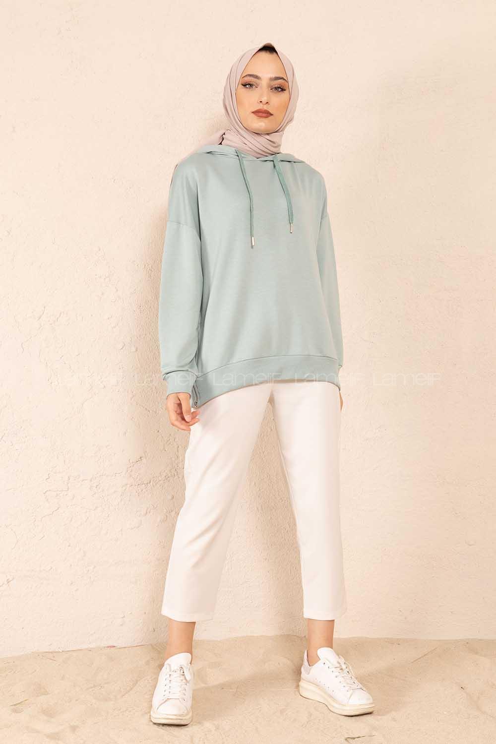 Modalamelif Fermuar Yırtmaç Detaylı Sweatshirt Mint Yeşili