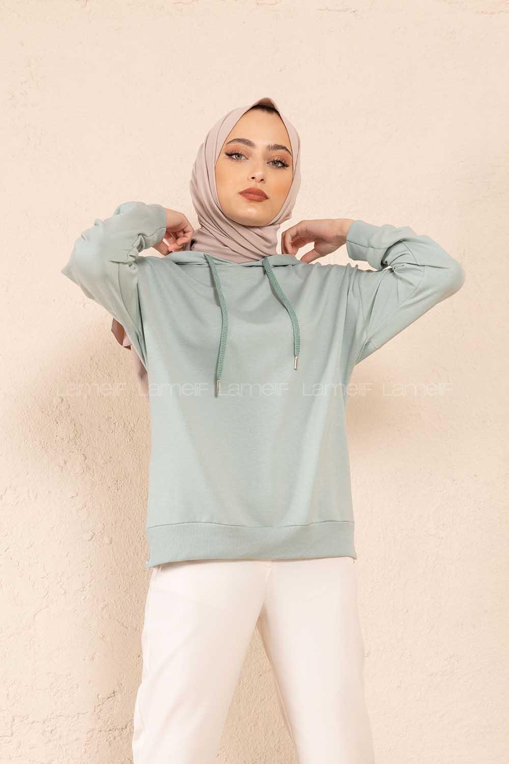 Modalamelif Fermuar Yırtmaç Detaylı Sweatshirt Mint Yeşili