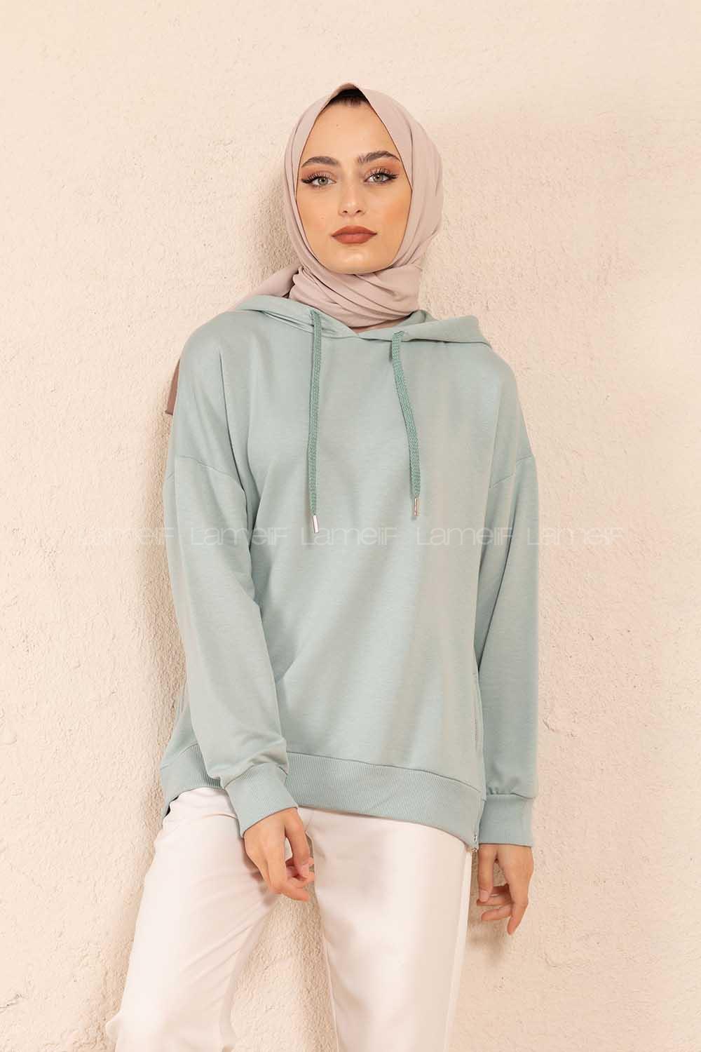 Modalamelif Fermuar Yırtmaç Detaylı Sweatshirt Mint Yeşili