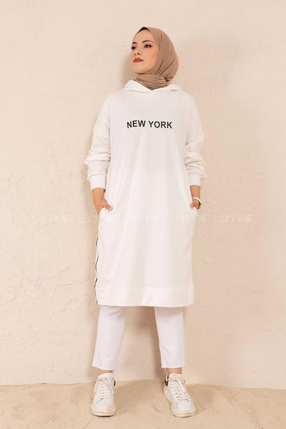 Modalamelif New York Baskılı Uzun Sweatshirt Beyaz