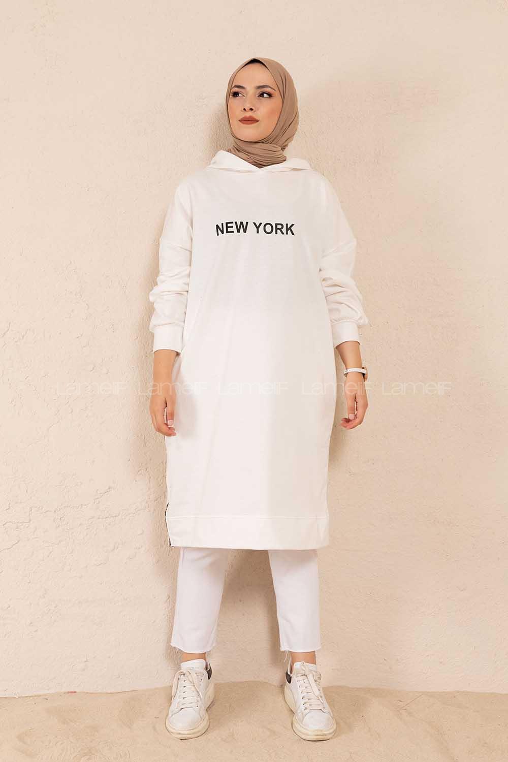 Modalamelif New York Baskılı Uzun Sweatshirt Beyaz